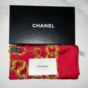 CHANEL Coco Mark Logo Red Chain Pattern Silk Scarf/Stole W/Box